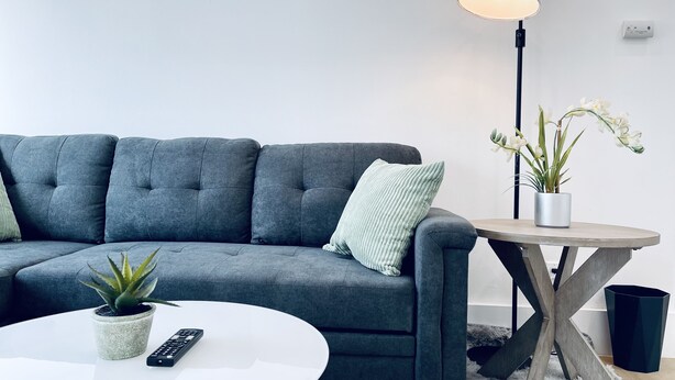 Ein modernes Wohnzimmer mit einem grauen Sofa, einem weißen Couchtisch, einem kleinen Topfpflanzen, einer Fernbedienung, einer Stehlampe und einem Beistelltisch mit Pflanze.