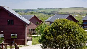 A row of red wooden cabins with a grassy yard and a view of rolling hills in the background.
