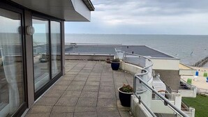 A balcony with a view of the sea, potted plants, and a glass door.