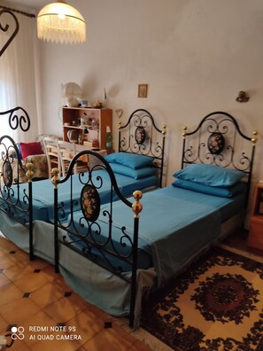 A bedroom with two beds, a chandelier, a bookshelf, and a patterned rug. - Live your curiosity now (Oristano)