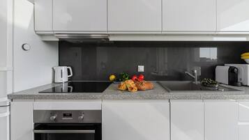 Fridge, microwave, electric kettle, toaster
