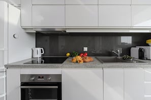 Fridge, microwave, electric kettle, toaster