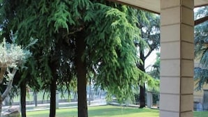An outdoor patio with a table, chairs, and a vase with flowers. - B&B VILLA VERONA BIKE (Buttapietra)