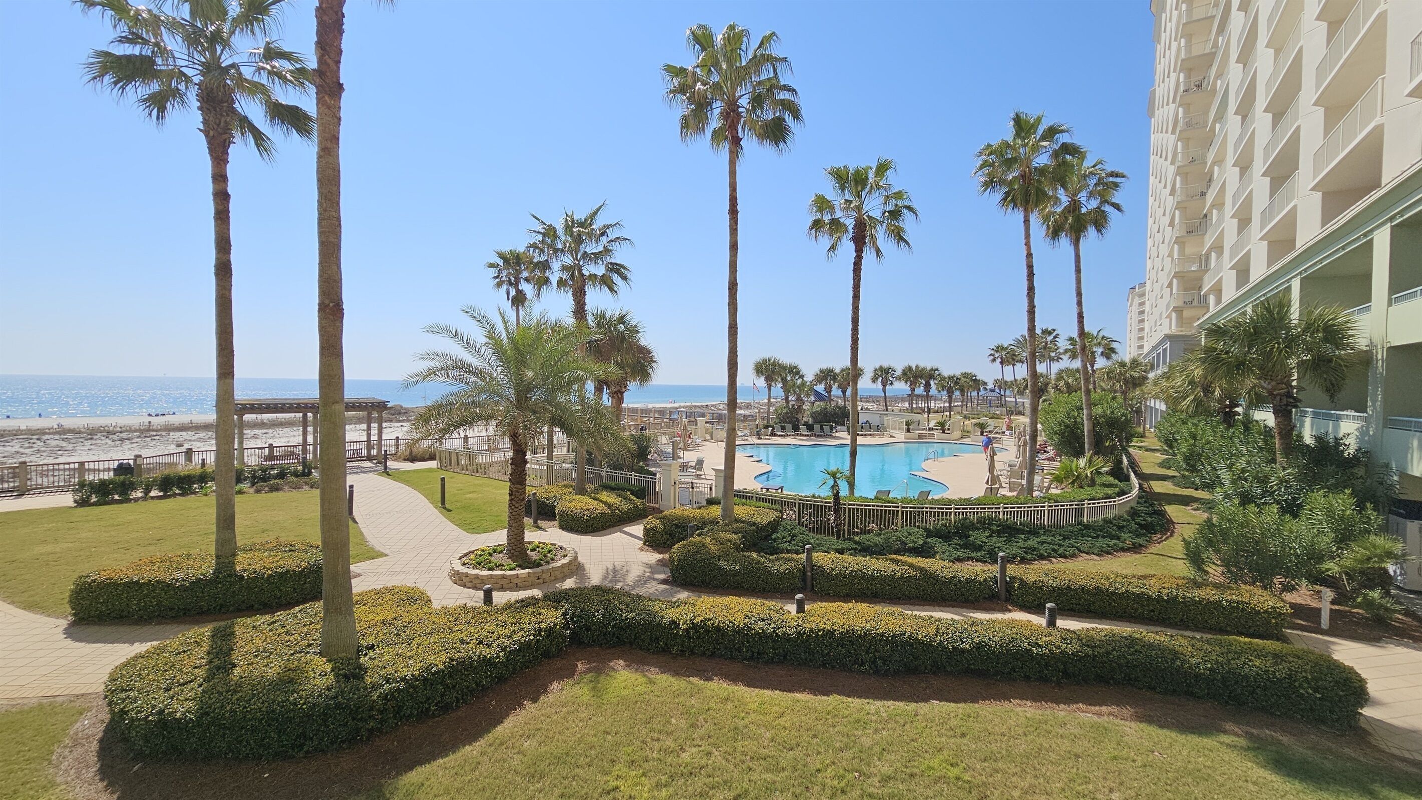 A resort with a pool, palm trees, and a view of the beach.