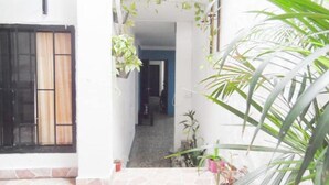 A narrow corridor with a tiled floor, leading to a room with a blue door. There are potted plants along the walls and a large plant in the foreground. - Central and Private 1km From the Hacienda Naples (Antioquia)
