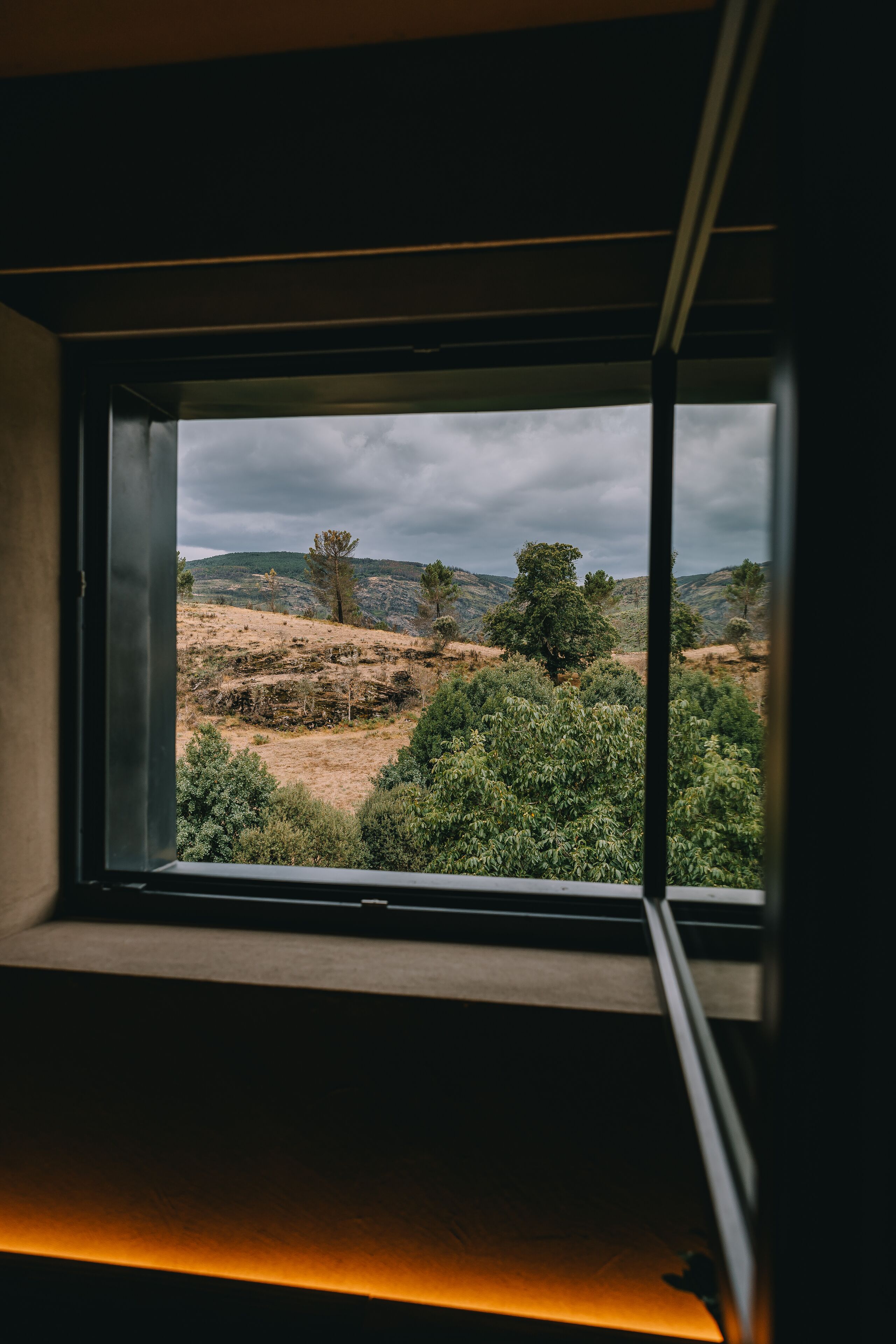 Una ventana con vista a un paisaje montañoso con árboles y arbustos.