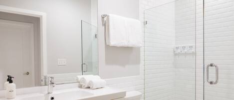 A modern bathroom with a glass shower enclosure, a white sink, and a large mirror.