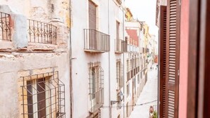 Um beco estreito com edifícios de ambos os lados, com varandas e grades de metal, além de plantas em vasos.