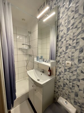 Dusch, hårtork, handdukar och toalettpapper