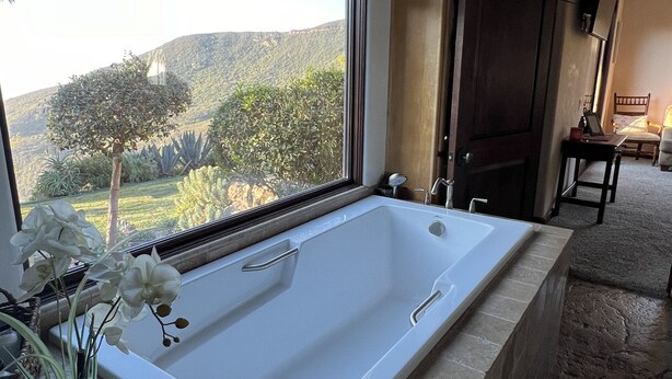 A bathroom with a large bathtub, a window with a view of a garden and hills, and a wooden door. - Guesthouse in very private location in Malibu with ocean views!
 (Malibu)