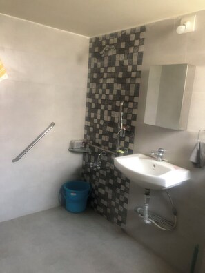 Shower, towels, soap, toilet paper