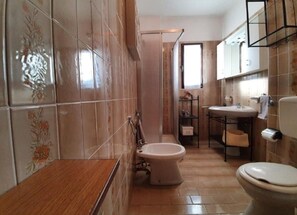 Shower, bidet, towels, soap