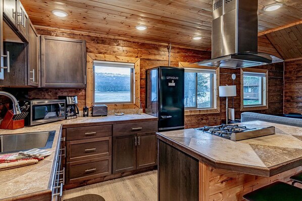 A modern kitchen with wooden walls, a large island, stainless steel appliances, and a view of the outdoors. - Lakeshore Cabins (Homer)