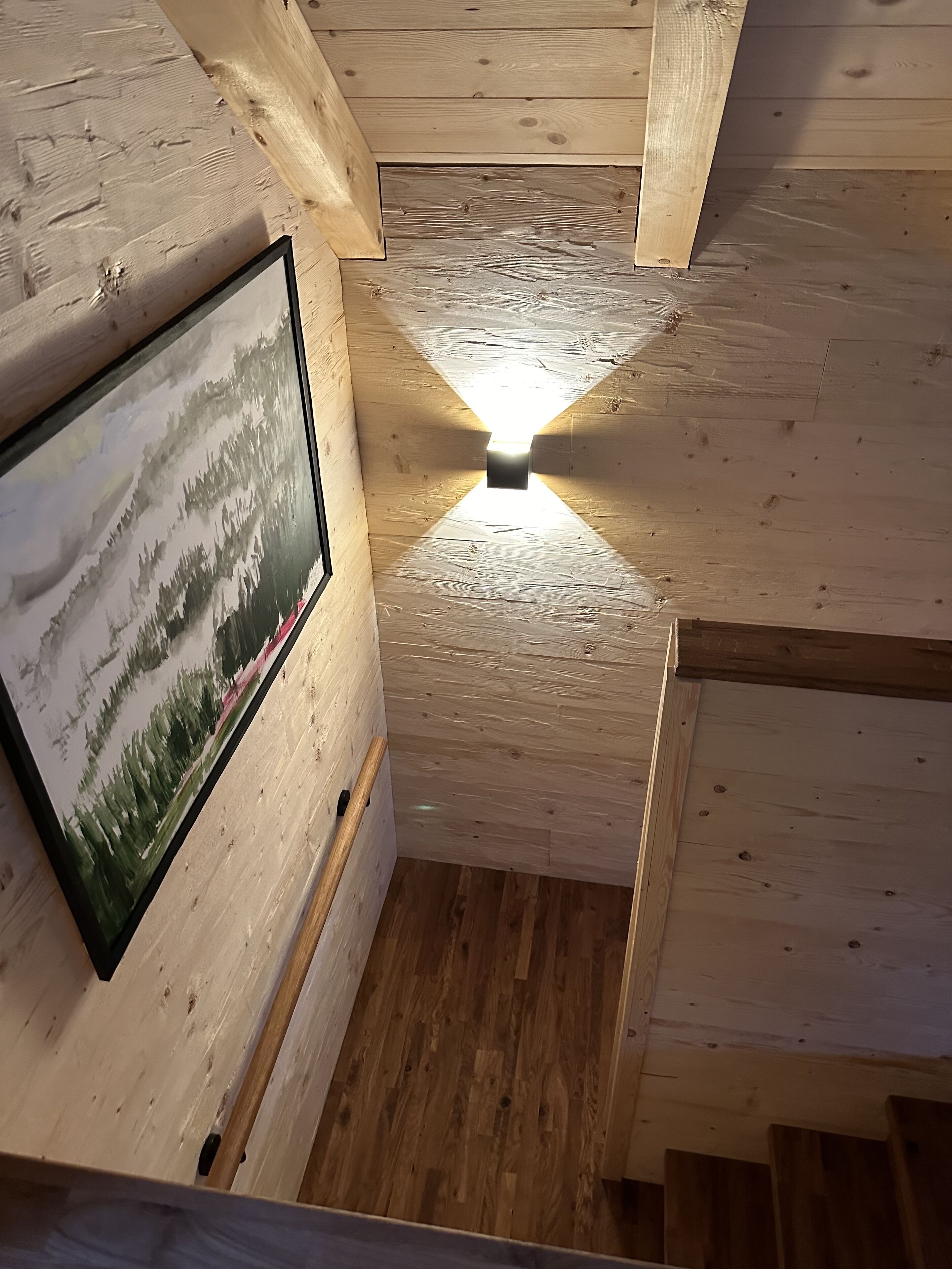 A wooden ceiling with a central light fixture and a framed picture of a forest scene.