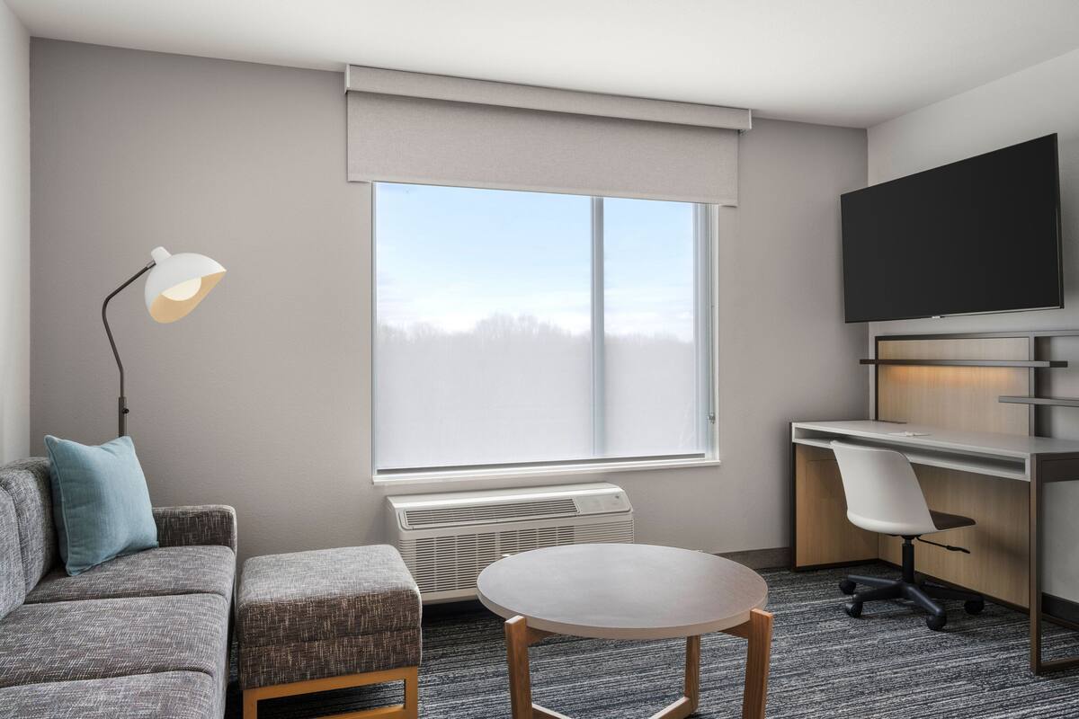 Une chambre d’hôtel moderne avec un canapé gris, une table ronde, un bureau avec une chaise, un téléviseur à écran plat et une grande fenêtre donnant sur les arbres.
