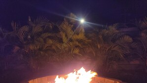Ein Lagerfeuer, umgeben von Palmen bei Nacht.