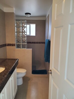 Shower, hair dryer, towels, soap