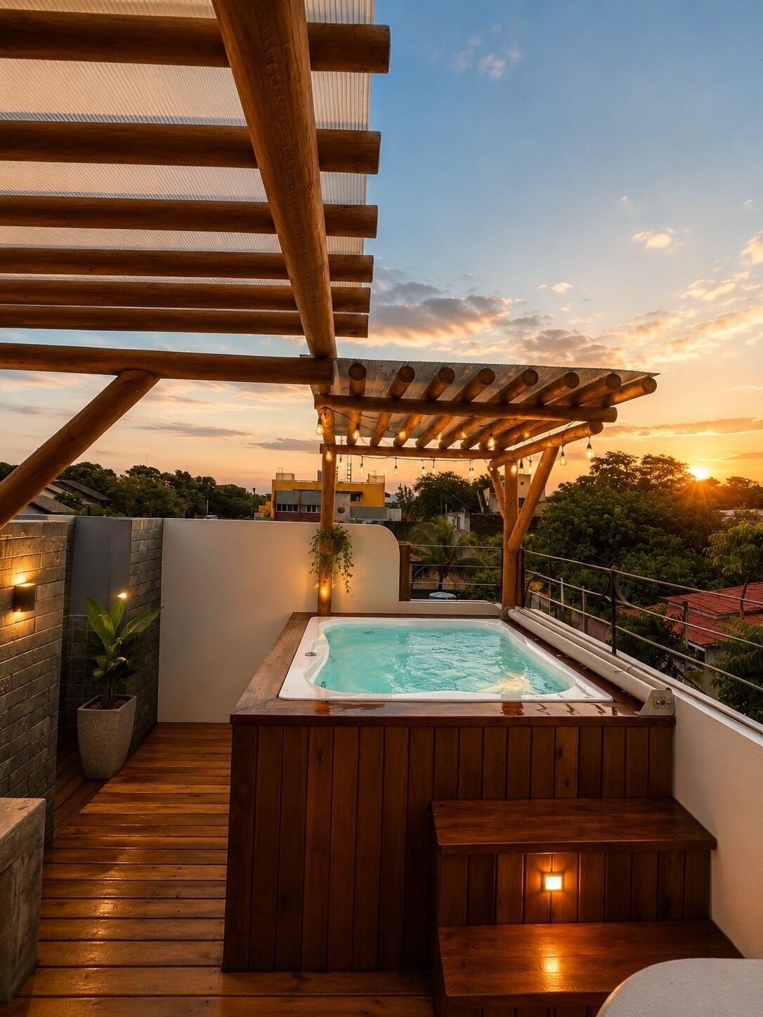 Um terraço no telhado com hidromassagem, deck de madeira, pérgola e vista para o pôr do sol.