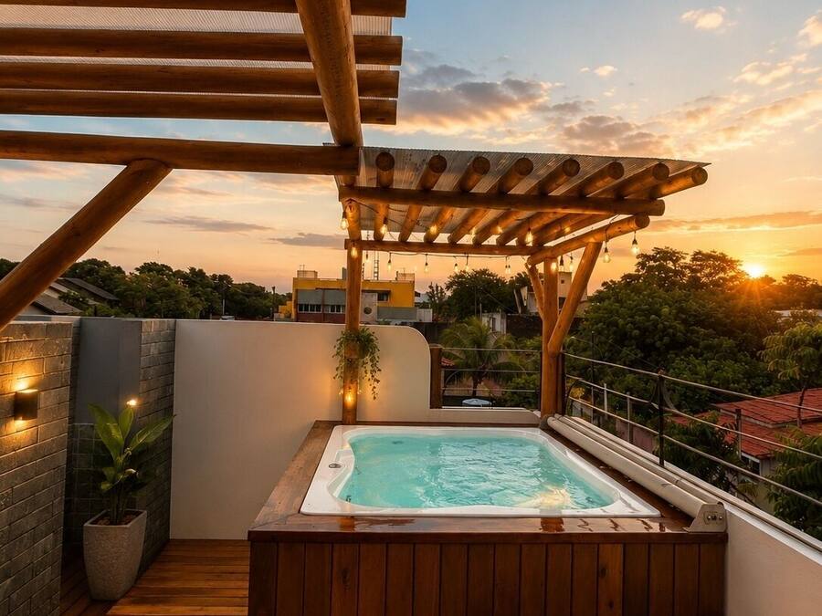 Terraza en la azotea con jacuzzi, cubierta de madera, pérgola y vistas a la puesta de sol.