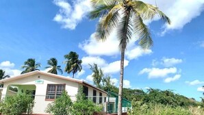 A single-story building with a red and white exterior, surrounded by greenery and palm trees, under a clear blue sky. - Dover Beach Tiny House w kitchen (Oistins)