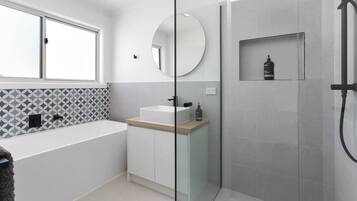 Shower, hair dryer, shampoo