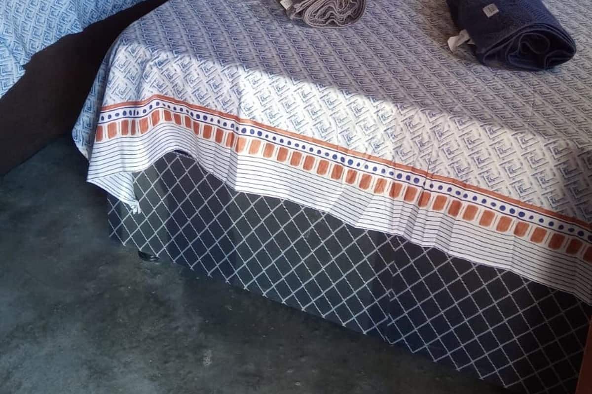 A room with two beds, each with a patterned bedspread and pillows. There are two colorful paintings on the wall.