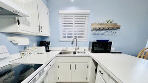 A compact kitchen with white cabinets, a microwave, a sink, and a window with blinds. - Stunning 2BR/2BA Bayfront Retreat (Ocean City)