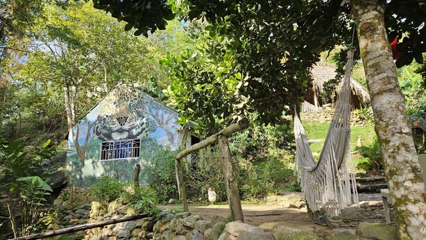 A rustic house with a mural of a leopard's face on the front, surrounded by lush greenery and a stone pathway. - La Cima Tayrona (Santa Marta)