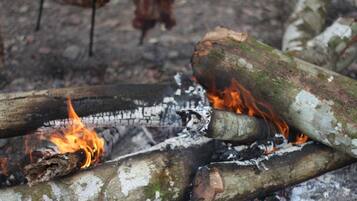 A close-up of burning logs with flames and ash.