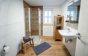 Shower, hair dryer, towels, soap