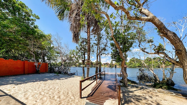 Une terrasse en bois mène à une plage de sable, offrant une vue dégagée sur l’eau.