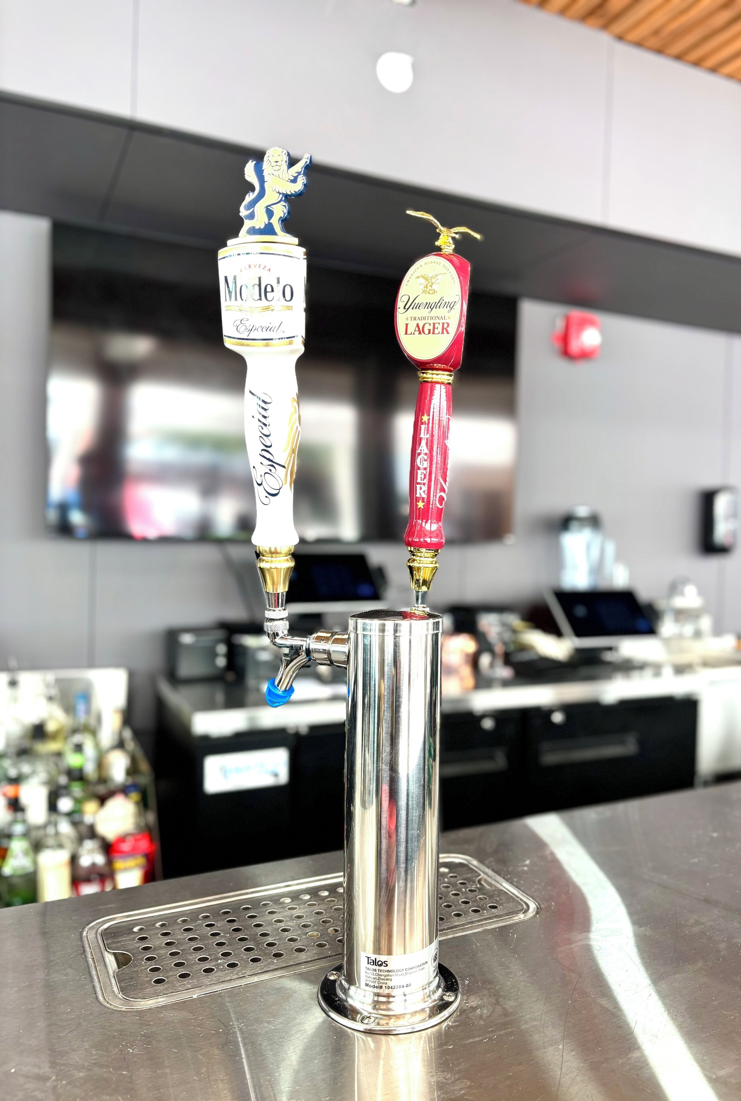 Dans un bar au décor moderne, on aperçoit deux robinets à bière : l’un est étiqueté « Modeo » et l’autre « Youngling Traditional Lager ». Un comptoir se trouve à l’arrière-plan.
