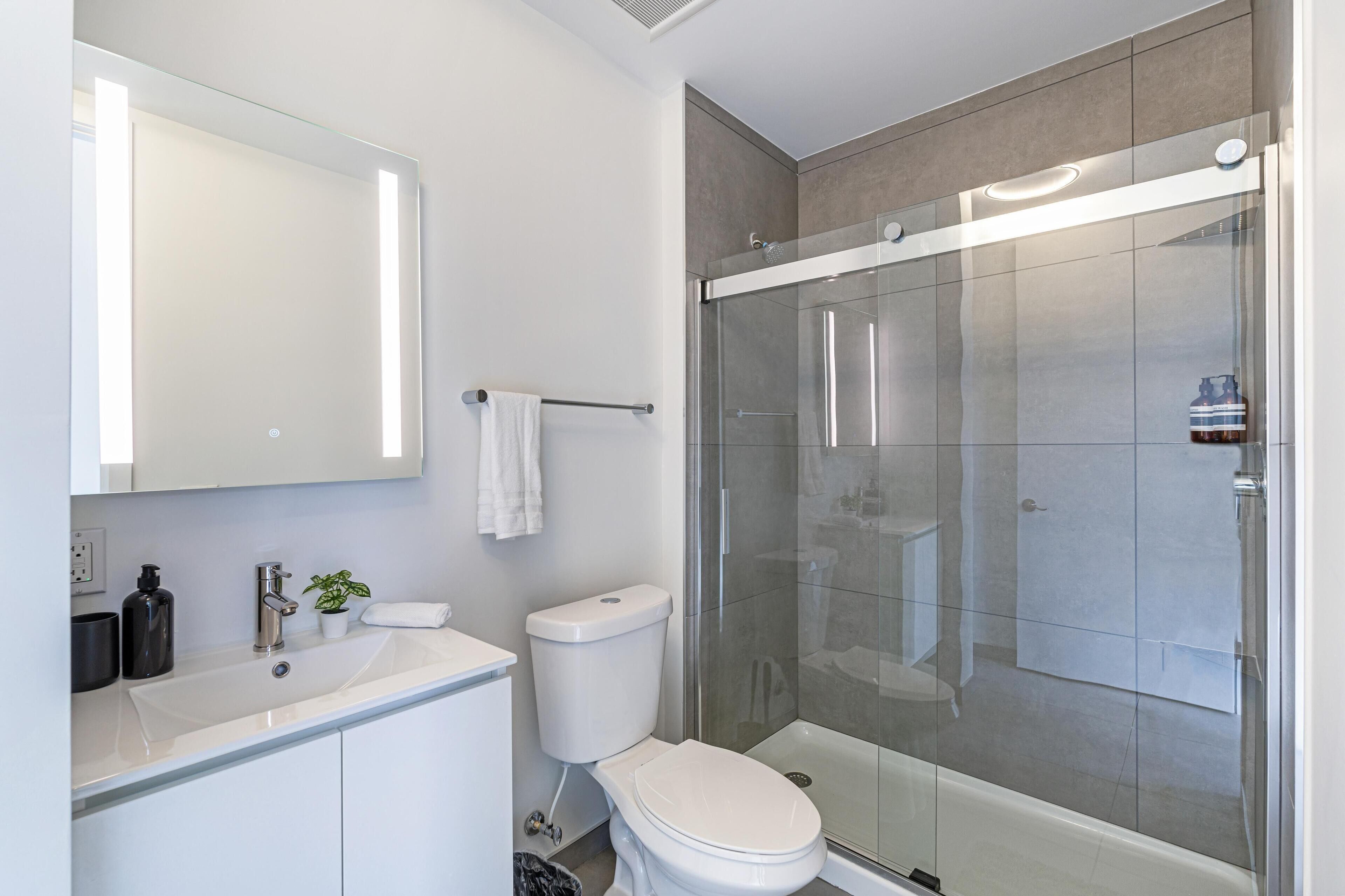 A modern bathroom with a glass-enclosed shower, a white sink, and a toilet.