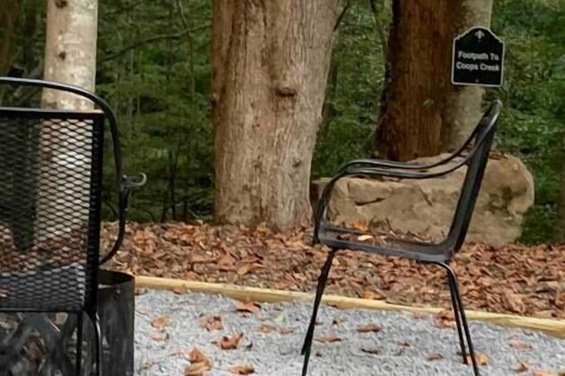 Un banc et un panneau dans une zone boisée.