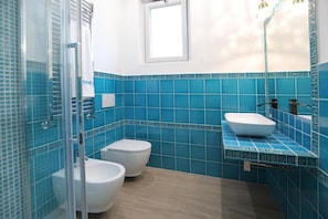 Shower, hair dryer, bidet, towels