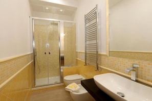 Shower, hair dryer, bidet, towels