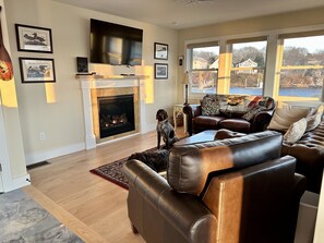 Smart TV, fireplace, books, stereo