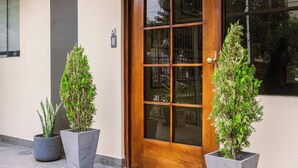 Une entrée moderne avec une porte en bois, deux plantes en pot et un paillasson à rayures bleues.