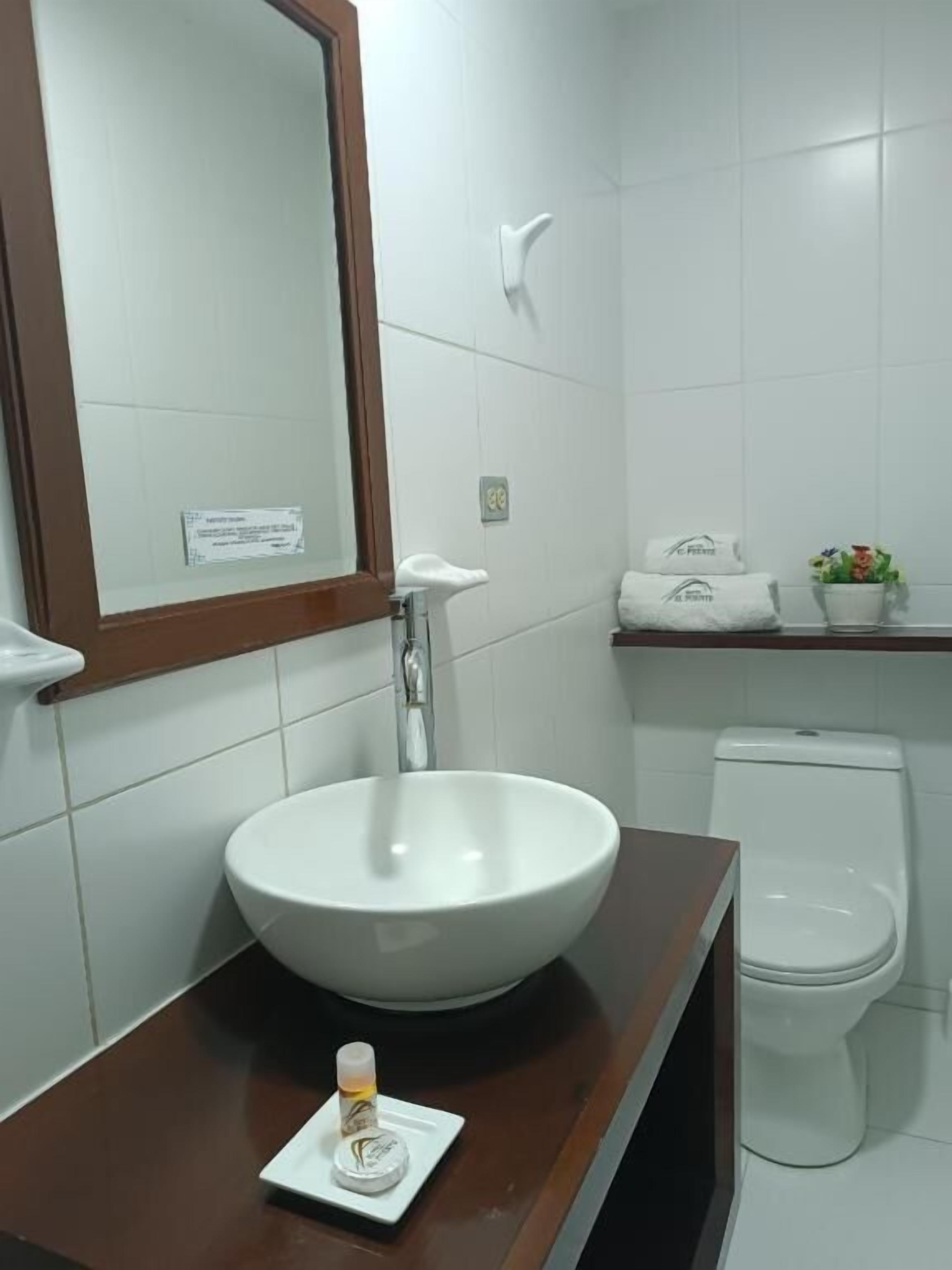 A bathroom with a white sink, a mirror, a toilet, and a small shelf with toiletries.