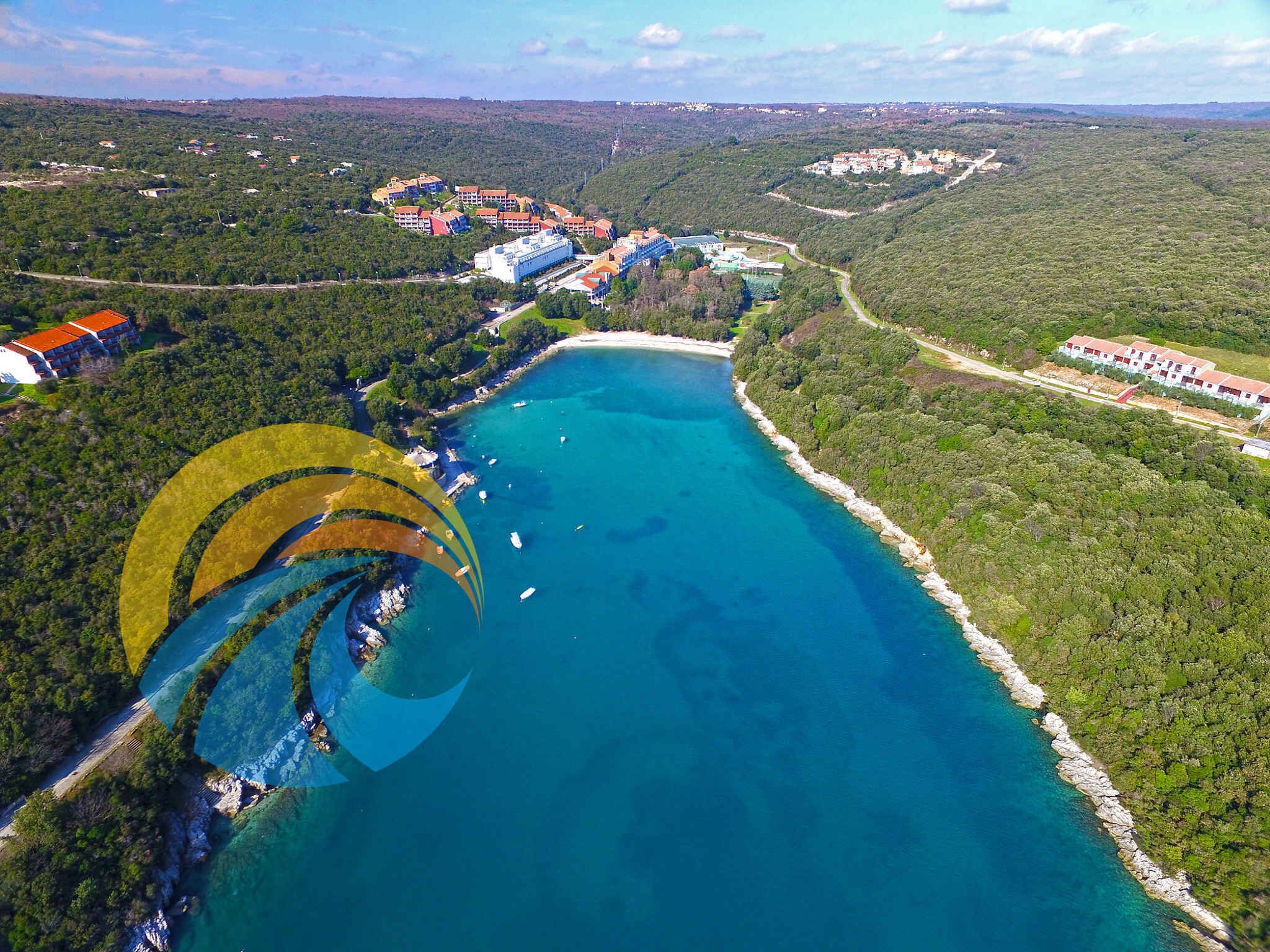 An aerial view of a coastal area with a large body of water, buildings, and greenery.