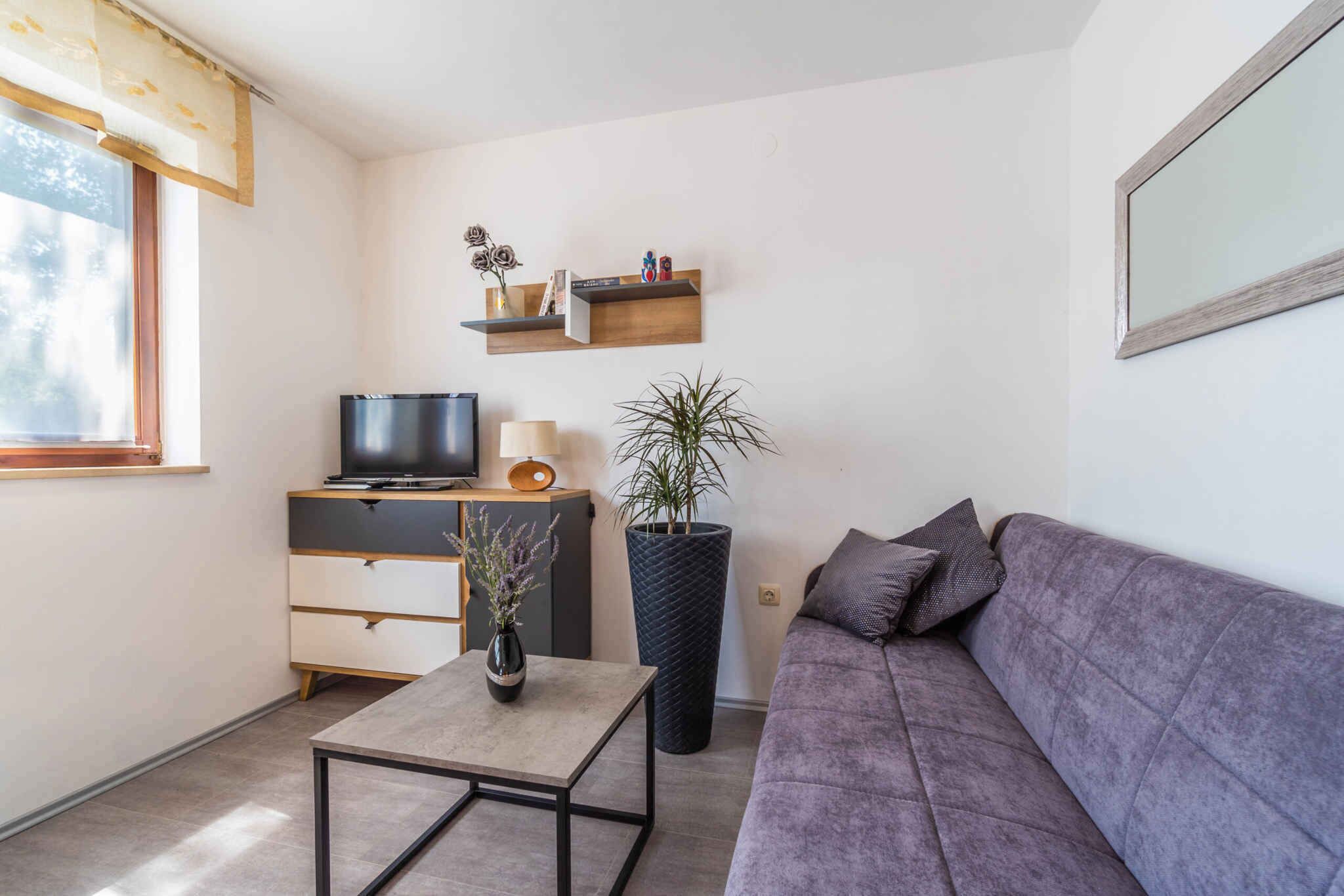 Una sala de estar moderna con un sofá, una mesa de centro, un televisor sobre un mueble bajo, una planta en maceta y un estante con adornos.