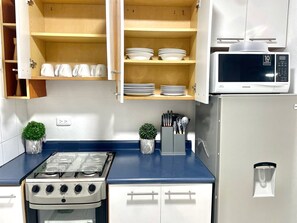 Cocina compacta con estufa a gas, microondas y armarios.