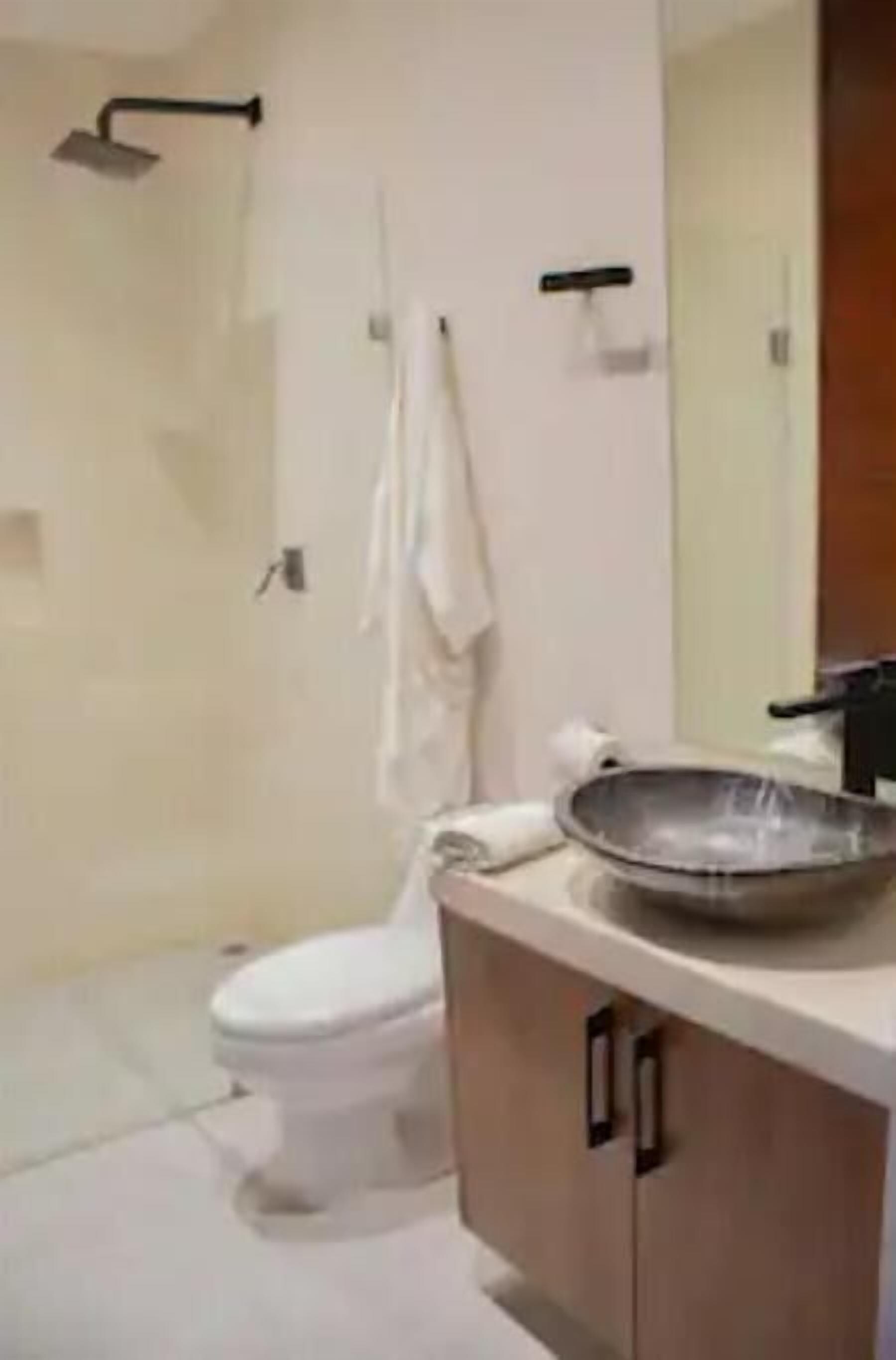 Une salle de bain comprenant des toilettes, une douche, un lavabo avec un miroir et un meuble de rangement.