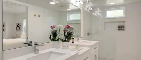 Shower, hair dryer, towels