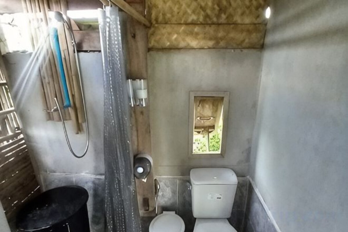 Bathroom | Shower, rainfall showerhead, slippers, towels