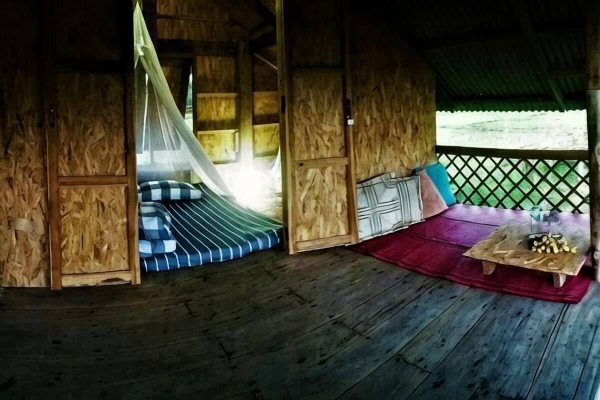 A wooden room with a bed, a table with items, and a view outside.