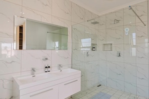 Hair dryer, towels, soap, shampoo