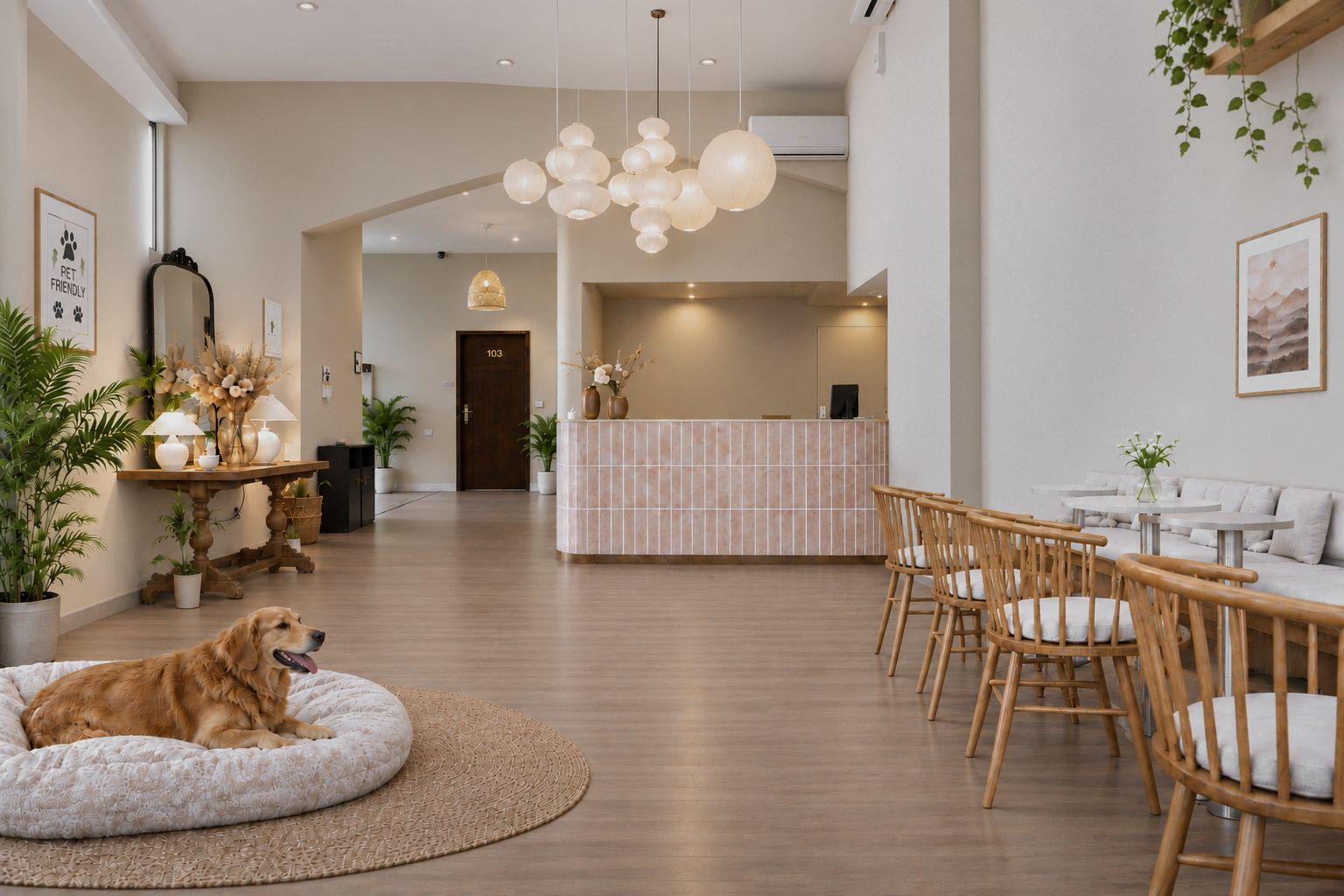 Un vestíbulo de hotel con mostrador de recepción, zona de estar y un perro descansando sobre una alfombra.