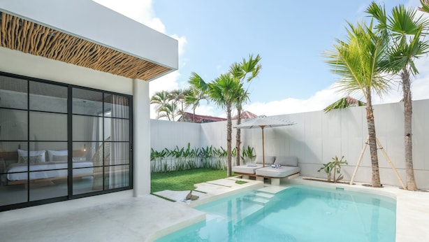 Un área de piscina moderna con un dormitorio envuelto en vidrio, palmeras y una pared blanca.