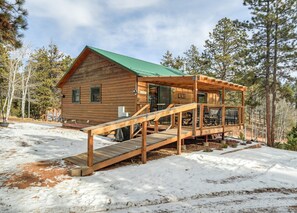 A wooden cabin with a green roof, a covered porch, and a staircase leading to the entrance. - The Bear Den  (Florissant)